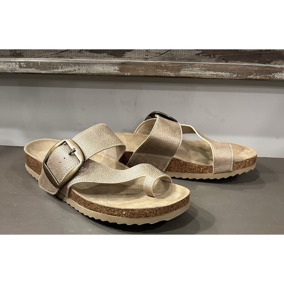 BJORNDAL Size 9 Sandals Gold Toe Strap Buckle Cork Faux Leather Shoes - Picture 2 of 6